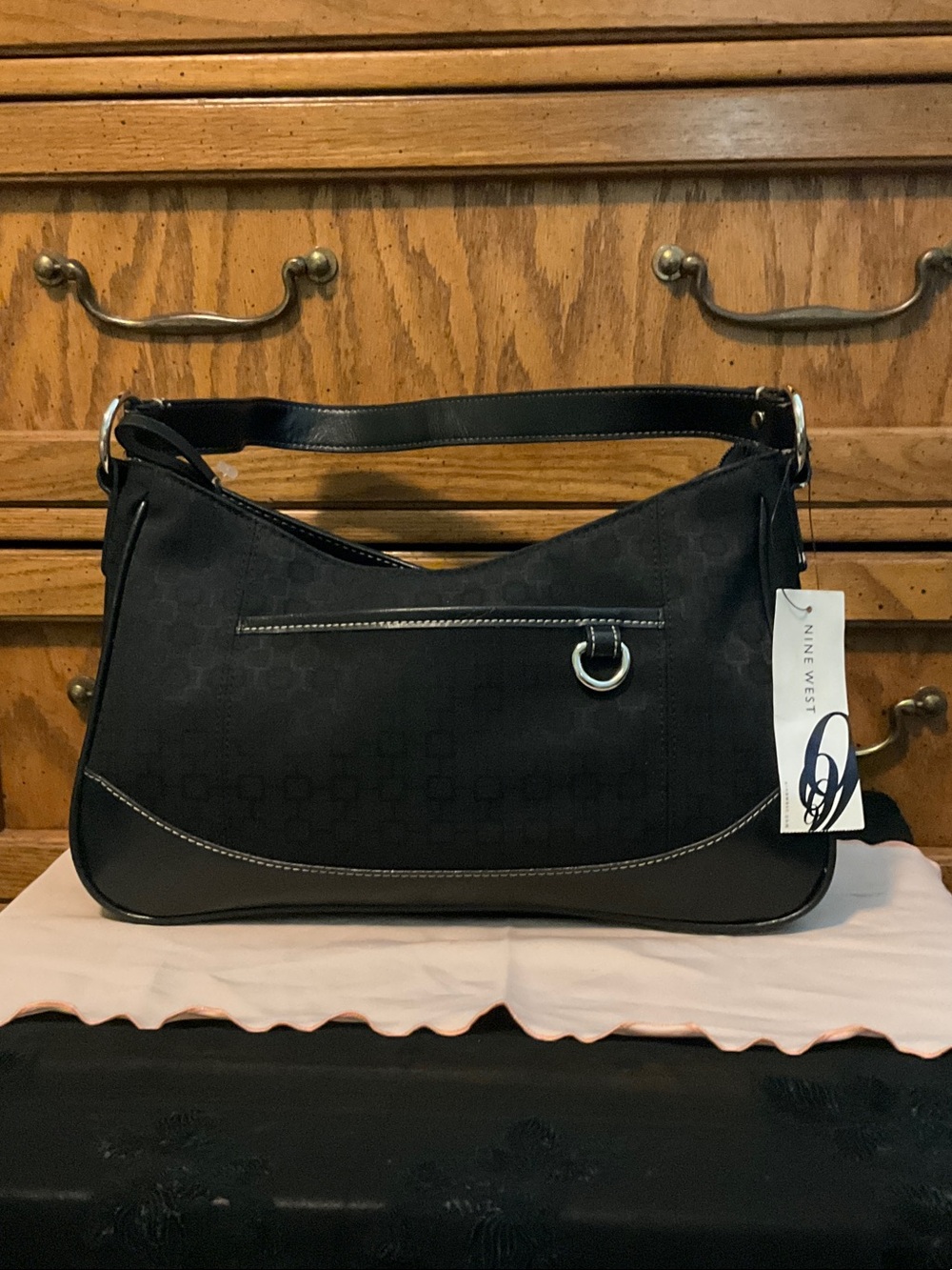 NWT Nine West Black Monogram Jacquard Canvas Hobo Shoulder Bag